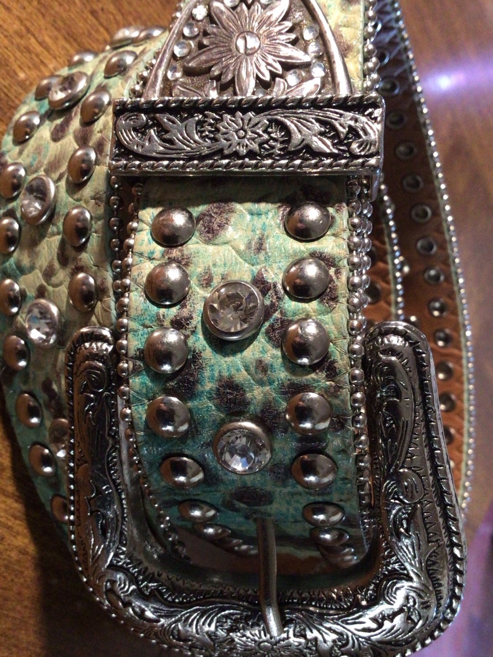 Nocona Turquoise and Brown Studded Leather Belt with Decorative Silver Buckle